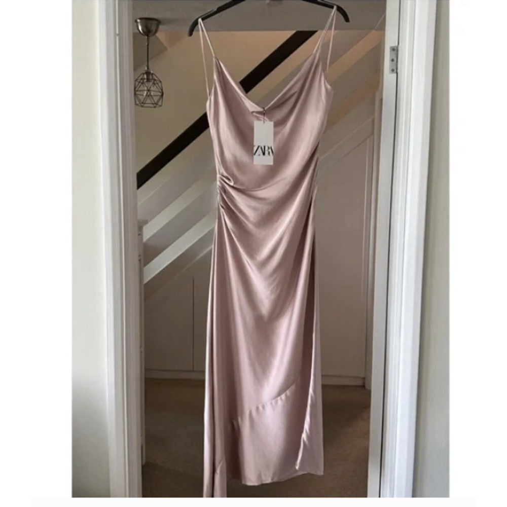 Zara Pink Cowl Neck Ruched Midi Slip Dress S - Picture 4 of 6
